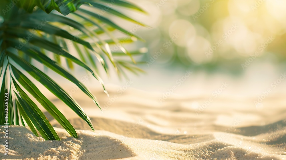 Poster sand with blurred palm and tropical beach bokeh background summer vacation and travel concept copy s
