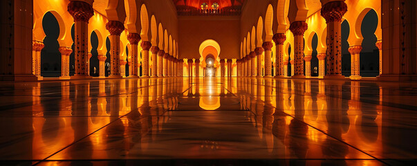 night atmosphere at mosque with captivating golden light and shiny floor