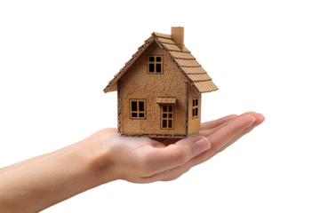 Hand holding a small simple house on isolated transparent background