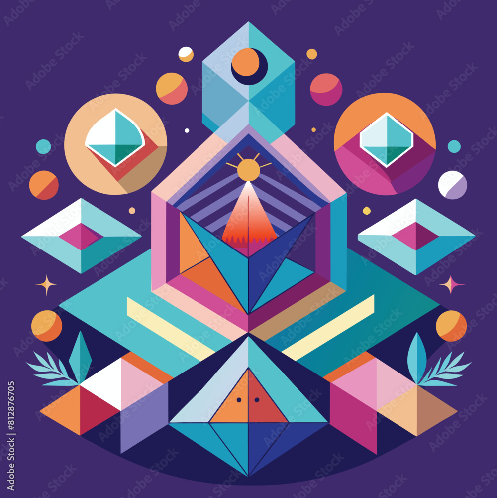 Poster Abstract poster featuring geometric shapes in various colors on a vibrant purple background, Abstract geometric shapes representing growth and stability