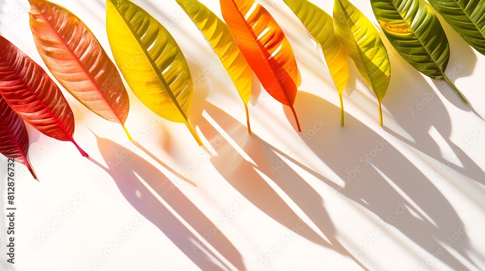Aufkleber Creative layout of colorful riskus leaves on a white background in the rays of the sun with shadows Minimal summer exotic concept with copy space : Generative AI