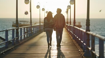 Young couple walking together on pier : Generative AI
