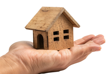 Hand holding a small simple house on isolated transparent background