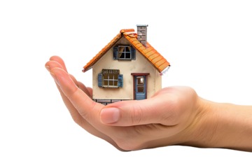 Hand holding a small simple house on isolated transparent background