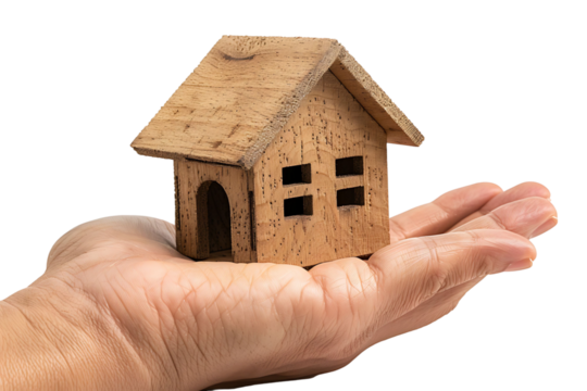 Hand holding a small simple house on isolated transparent background