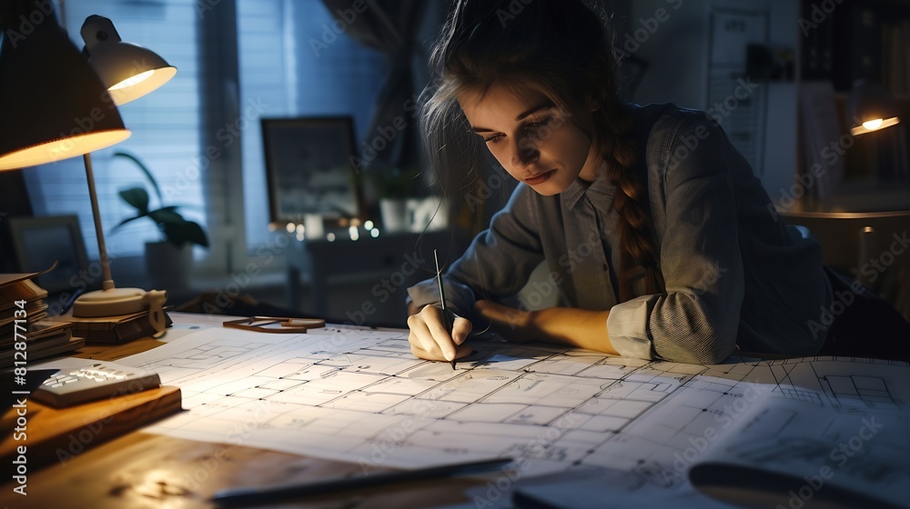 Poster young female architect and designer working on blueprint project of new apartments photo concept of 
