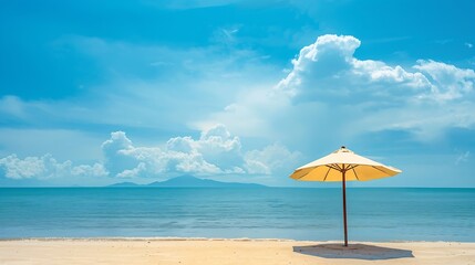 Sun umbrella and house on sandy beach blue sky and sea in the background Investment in resort real estate concept Dream vacation at sea Copy space : Generative AI