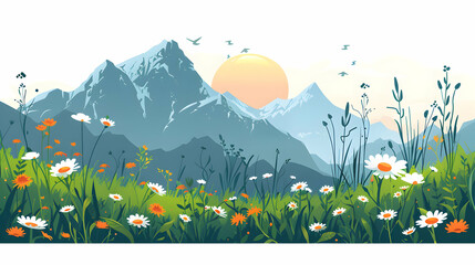 Serene Sunrise Over Alpine Meadows   Simple Flat Design Icon Illustration of Tranquil Alpine Meadow with Vibrant Wildflowers and Grasses in Isometric Scene