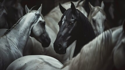 Magnificent Equine Encounter:Dark Stall Filled with Mysterious,All-White Horses and Enchanting