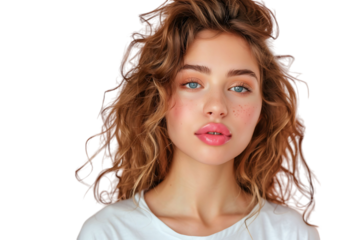 Headshot of girl with curly hairstyle wearing t-shirt send air kiss pouted lips on isolated transparent background