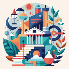 Obraz premium A building stands amidst a diverse array of objects, creating a unique and dynamic scene, An abstract composition inspired by academia, using clean lines and limited color palette
