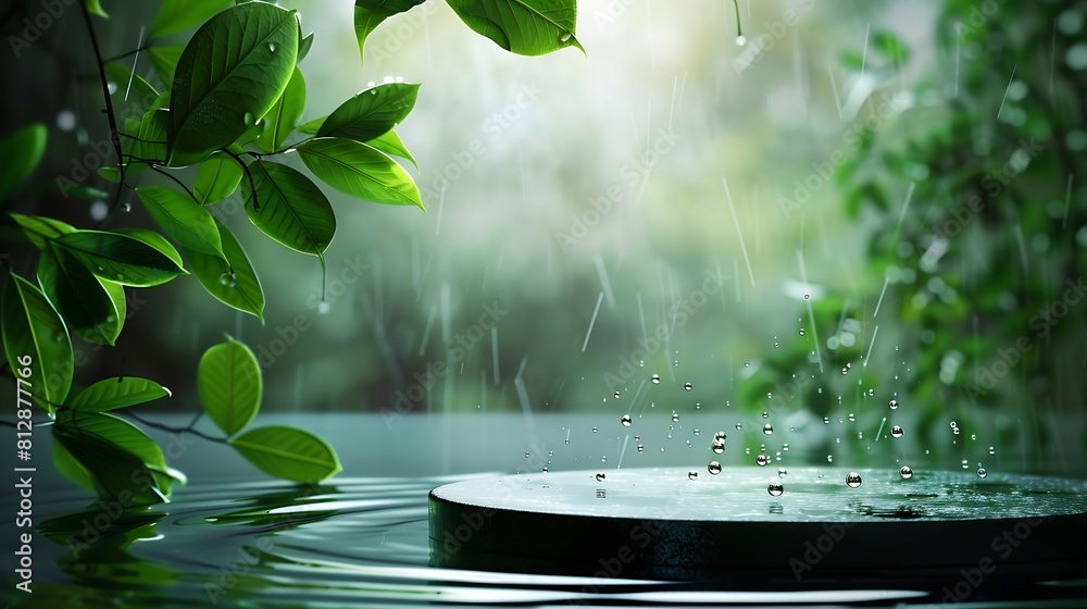 Poster empty round podium pedestal green leaves against the background of water with drops and ripples : ge