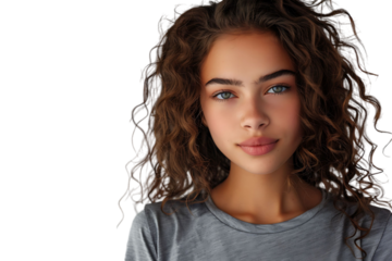 Headshot of girl with curly hairstyle wearing t-shirt send air kiss pouted lips on isolated transparent background