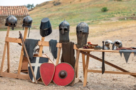 Knight's armor - helmet, chain mail, shield