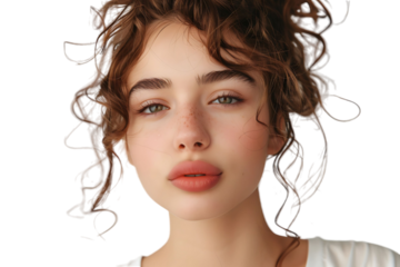 Headshot of girl with curly hairstyle wearing t-shirt send air kiss pouted lips on isolated transparent background
