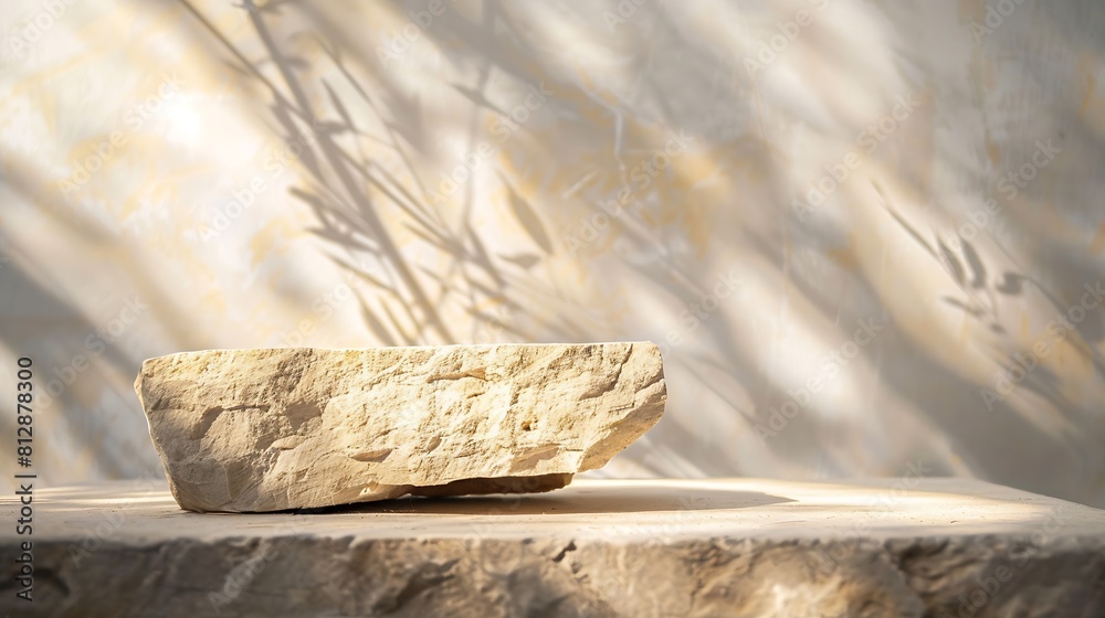 Poster beige concept product display podium rock stone with blurred background with sunlight shadow : gener