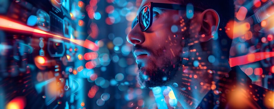 Futuristic Portrait of an Innovative Programmer Surrounded by Cutting-Edge Technology