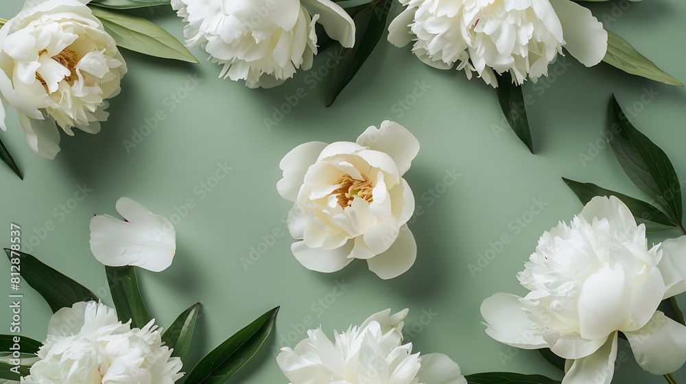 Poster creative layout made of white peony flowers on green background minimal style composition copy space