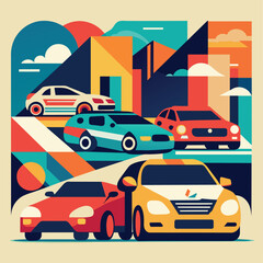 Group of cars driving down a city street lined with tall buildings, An abstract representation of rental cars in a minimalist color palette