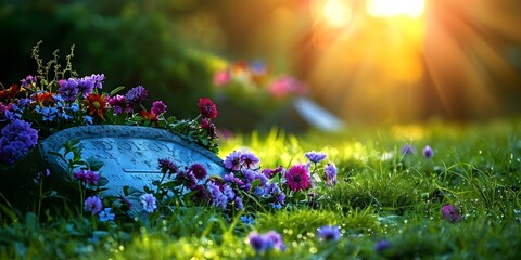 Obraz premium Memorial Headstone with Flowers on Green Lawn in Natural Light for Memorial Day: A Tribute to Remember. Concept Memorial Day Tribute, Headstone Photography, Flower Arrangement