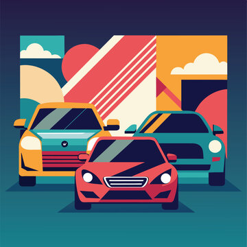 A red car and a blue car parked side by side in a busy parking lot, An abstract representation of rental cars in a minimalist color palette