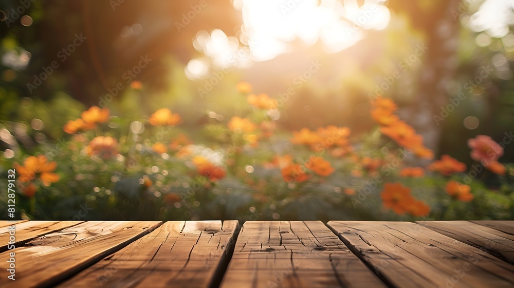 Aufkleber wood table top with blur of orange garden in the morningfor montage product display or design key vi