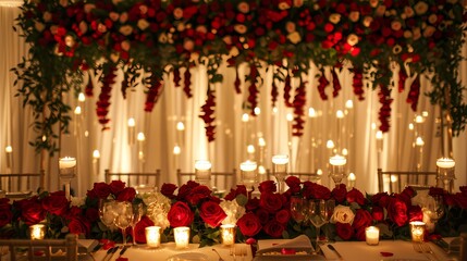 The romantic allure of a wedding space adorned with crimson roses and glowing candles, set against a backdrop of pristine white, evoking feelings of love and enchantment
