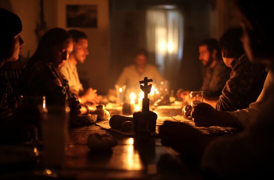 Candlelit seance in dark room