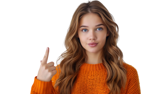 Confident woman dressed orange sweater pointing finger empty space on isolated transparent background