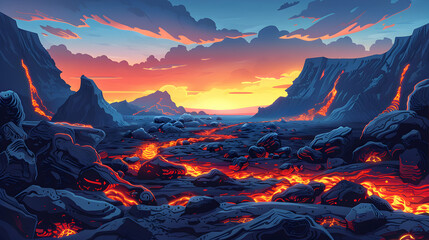 Luminous Sunrise on Lava Fields: Isometric Flat Design Illustration Showcasing Intricate Textures and Vibrant Colors of Cooled Lava