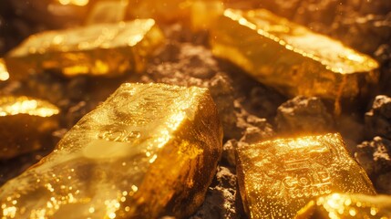 Closeup of multiple gold bars with a gleaming shine, illustrating wealth, luxury and the concept of high financial value The image captures the bars in a dark surrounding with a focus on their radian