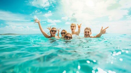 Travel ocean and happy with friends swimming at beach for relax summer break and vacation with blue sky mockup Smile bonding and diversity with women for peace nature and tropical holi : Generative AI - Powered by Adobe