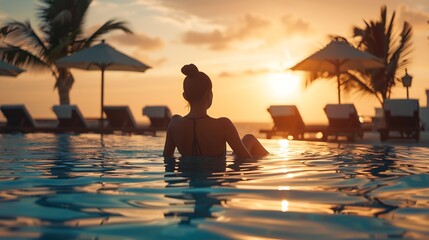 Woman relaxing by the pool in a luxurious beachfront hotel resort at sunset enjoying perfect beach holiday vacation : Generative AI