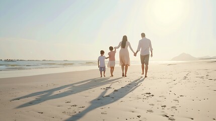 Happy family walking the beach Rear view of young parents with children having fun on vacation Little boy and girl enjoying summer with mother and father : Generative AI