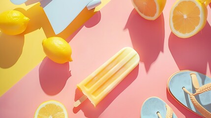 Summer concept with a airplane a popsicle flip flops and lemon sunshine  flat lay : Generative AI