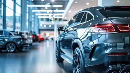 Rearview car parked in luxury showroom. Car dealership office. New car parked in modern showroom. Car for sale and rent business concept. Automobile leasing and insurance concept. Electric automobile.