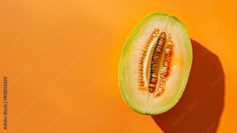 Poster Melon half on orange background Creative layout made of fresh melon Flat lay top view copy space : Generative AI
