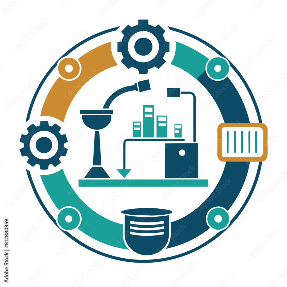 Poster circular logo with interconnected gears and a machine in motion, circular design featuring an assemb