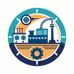 Logo design showcasing an assembly line process, with a factory visible in the background, Circular design featuring an assembly line process, minimalist logo