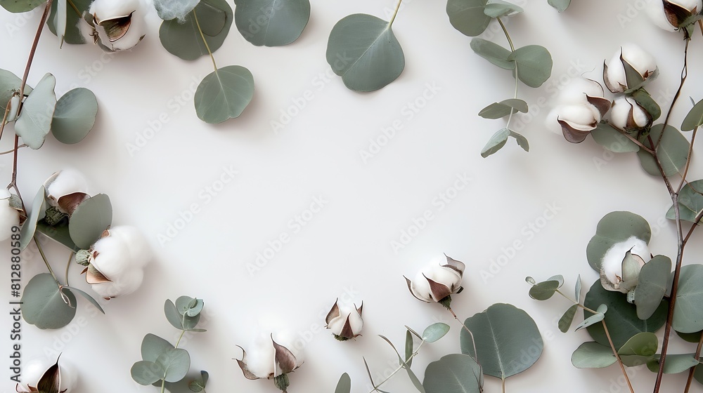 Poster flowers composition frame made of fresh eucalyptus branches and cotton flowers flat lay top view cop