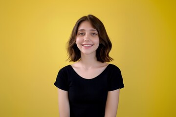 Fototapeta premium Smiling Young Woman on Yellow Background. Generative AI.