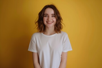 Obraz premium Smiling Young Woman on Yellow Background. Generative AI.