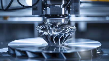 FDM3Dprinter with delta kinematic layout makes a flange part with internal structure from silver grey material view on print head and infill structure futuristic additive manufacturing : Generative AI