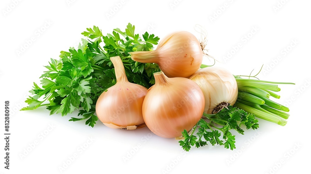 Poster onion bulbs and parsley composition and creative layout isolated on white background healthy eating 