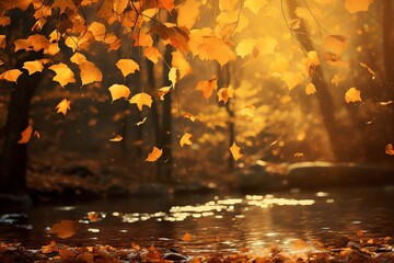 Golden Reverie  A reverie of golden leaves falling in a forest at sunset, top view, autumnal gold, advanced tone, Complementary Color Scheme