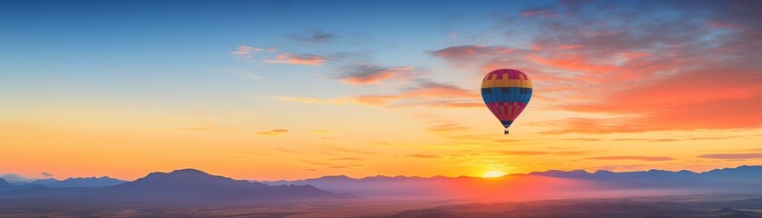 Obraz premium Horizon Glow A hot air balloon silhouetted against a glowing horizon, top view, journey begins, digital tone, Analogous Color Scheme