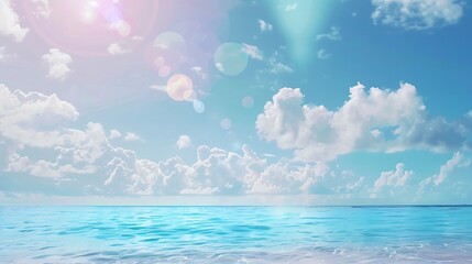 Obraz premium A summer vacation holiday background of a tropical beach and blue sea and white clouds with sun flare : Generative AI