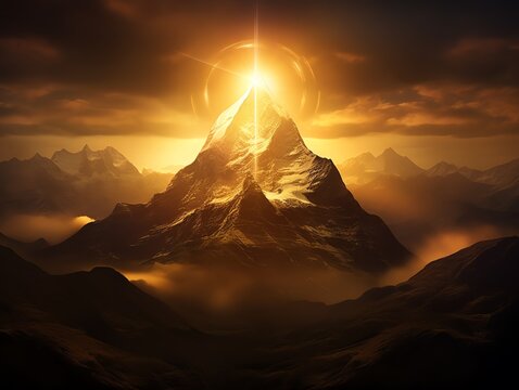 Golden Zenith  The sun at its zenith casting golden light over a mountain, front view, peak light, technology tone, vivid