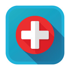Fototapeta premium A modern red and white plus sign casting a long shadow, Contemporary representation of a healthcare app icon with a medical cross