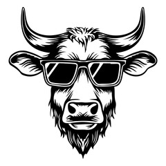 Cool Cattle wearing sunglass black silhouette logo svg vector, buffalo icon illustration.	